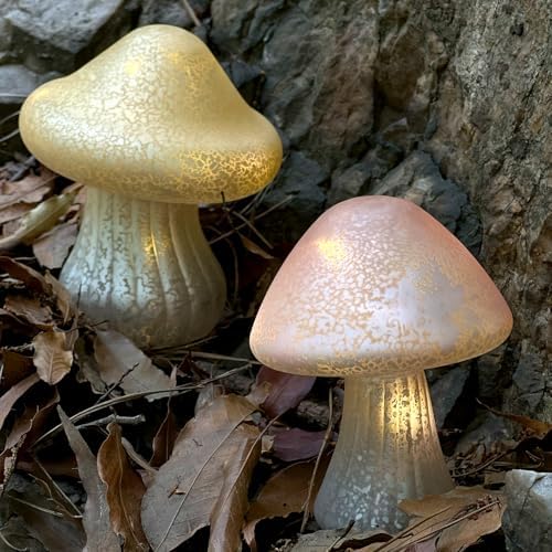 Glass Small Mushroom Table Lamp - Mushroom Night Light Battery Operated Warm Amber Glow Cute Bedside Lamp for Kids & Adults Mushroom Gifts Portable Cute Mushroom Decor for Bedroom - Image 3