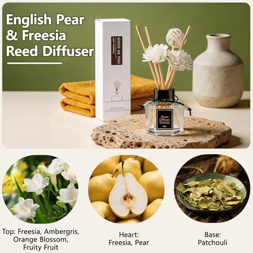 English Pear & Freesia Reed Diffuser 1.7 fl oz, Fruity Floral Home Fragrance, Plant-Based Non-Toxic Essential Oil with 6 Scent Sticks, Long-Lasting Air Freshener for Bathroom & Living Room - Image 5
