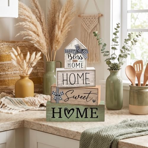 Moucuny 4 Pcs Wooden Farmhouse Table Decor Rustic Home Sweet Home Stacked Blocks Decoration Farmhouse Tiered Tray Decor Decorative Eucalyptus Block Signs Bless Gift for Kitchen Shelf Coffee Table - Image 2