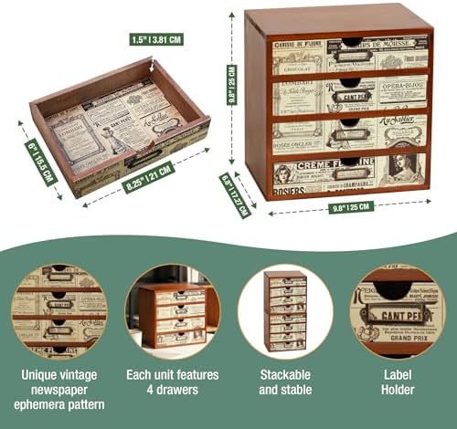 4-Drawer Vintage Ephemera Pattern Desktop Organizer - Arts and Craft Newspaper Design Desk Storage Cabinet - Ephemera Wood Shelf Drawers with Label Holders - Scrapbook Collecting - Image 2
