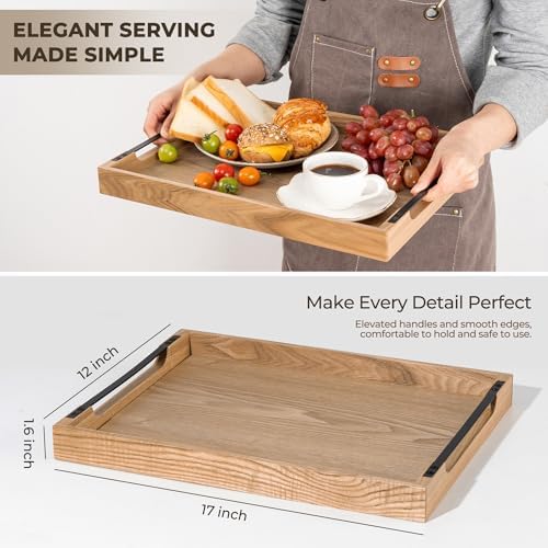 Axeman Wooden Serving Tray with Metal Handles|Ottoman Tray for Breakfast, Bed, Couch|17x13in Ash Wood Coffee Table Trays|Food Drinks Decorative Storage Boards for Ottoman Kitchen, Natural - Image 5