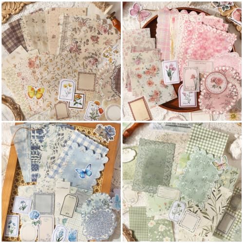 400Pcs Vintage Scrapbook Paper & Stickers Assorted Set, 4 Packs Journaling Supplies Kit, Floral Decorative Paper for Scrapbooking Junk Journals Collage Card Embellishment Planner Album DIY by Unknown