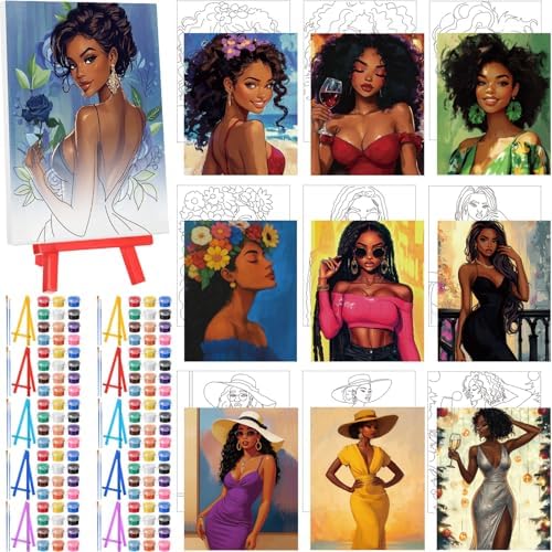 Blosssound 10 Set Charming Lady Pre Printed Canvas Pre Drawn Canvas Painting with Easel Kits 5" x 7" Sip and Paint Party Kit for DIY Art, Adult's Date Night by Blosssound