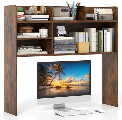GIANTEX Desktop Bookshelf, 37" Desk Hutch Dorm for Computer Up to 32 Inch, Countertop Hutch w/6 Storage Shelves, 3-Tier Desktop Organizer Display Rack, Wood Desk Shelf for Home Office (Rustic Brown) by Giantex