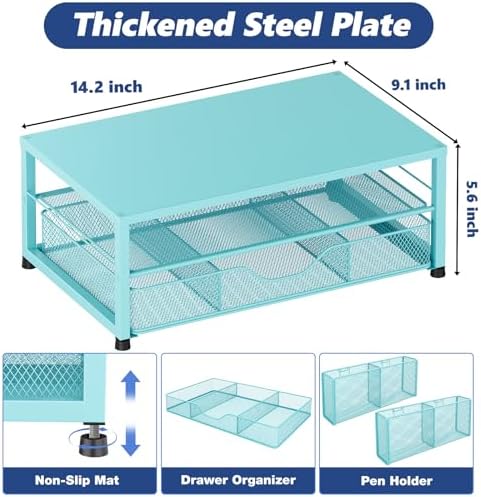 OPNICE Desk Organizer and Accessories, 2-Tier Computer Monitor Stand Riser with Drawer and 2 Pen Holders, Laptop Stand, Office Desk Accessories for Office Supplies, Teal Blue - Image 2
