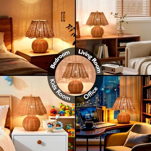 Rattan Small Bedside Mini Table Lamp for Bedroom, Boho Bedroom Lamps for Nightstand, Wicker Mini Table Lamps for Small Spaces with Scalloped Shade for Kitchen Counter, Bookshelf, Kids Dorm, Office - Image 4