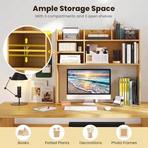 GIANTEX Desktop Bookshelf, 37" Desk Hutch Dorm for Computer Up to 32 Inch, Countertop Hutch w/6 Storage Shelves, 3-Tier Desktop Organizer Display Rack, Wood Desk Shelf for Home Office (Burlywood) - Image 4