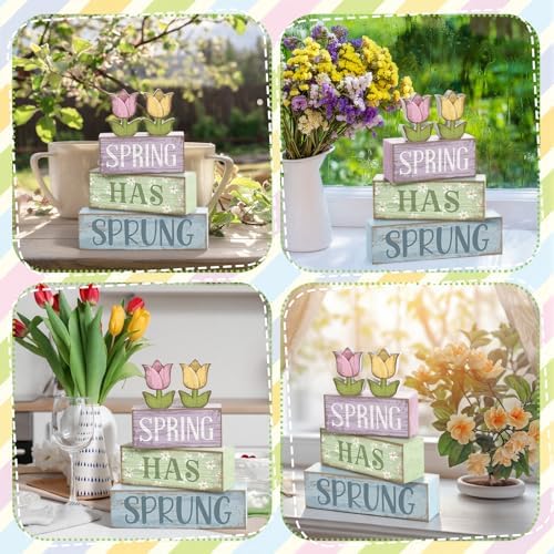 Moucuny 4 Pcs Spring Wooden Block Signs Farmhouse Tray Decor Tulips - Image 5