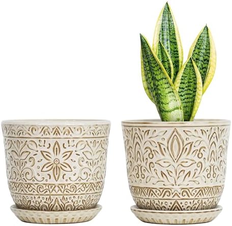 Gepege Ceramic Plant Pots, 6 Inch Indoor Planters with Drainage & Saucers by Gepege