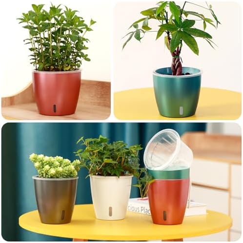 Self Watering Pots for Indoor Plants, 6-Pack 5'' Self Watering Planter with Drainage Holes, Small African Violet Pots with Water Indicator, Clear Wick Orchid Pot, Rose Gold - Image 6