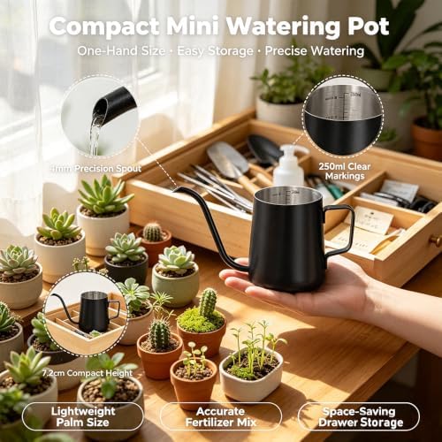 Mini Stainless Steel Watering Can (250ml) - 4mm Swan Neck Spout Small Watering Pot with Internal Scale & PTFE Coating - Gooseneck Kettle for Indoor Plants, Succulents & Pour-Over Coffee - Image 4