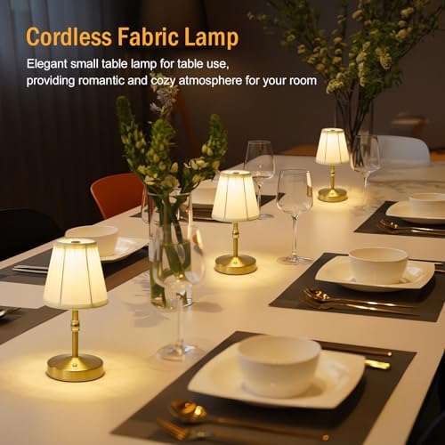 5w Led Cordless Mini Lamps,3000 mah Battery Operated Lamp,3 Color Temperature Dimmable Table Lamp,Gold Rechargeable Table Lamp Fabric,Aesthetic Small kitchen Lamp for Counter,Restaurant,Bar,H9.8" - Image 3