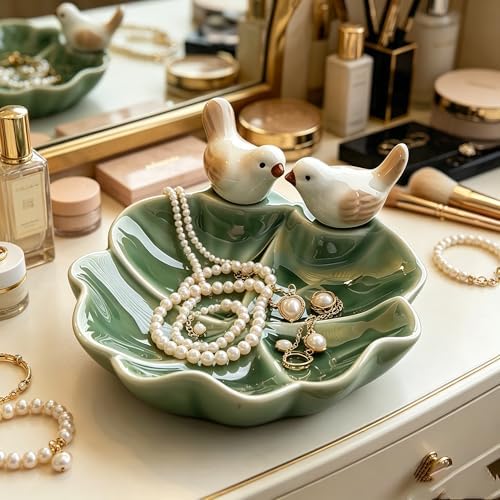 Ceramic Jewelry Tray Trinket Dish, Cute Bird & Lotus Leaf Design, Ring Holder, Seasoning Condiment Dish, Aesthetic Vanity Desk Decor for Bedroom Bathroom (green) - Image 3