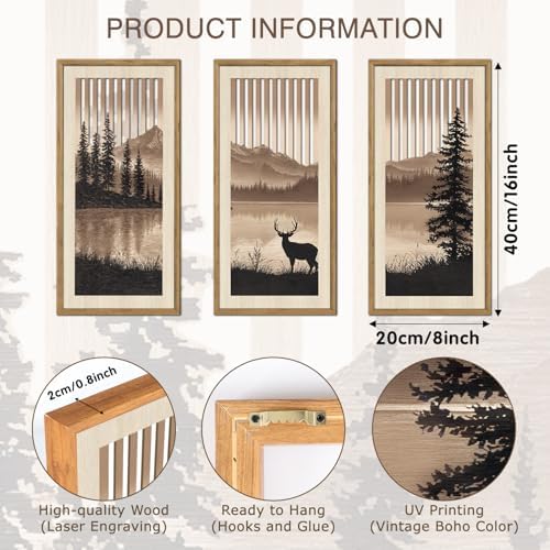 HPNIUB 3PCS Jungle Animals Wall Decor,Rustic Mountain Forest Wooden Sign for Living Room,Silhouette Abstract Deer Pine Tree Hanging Wood Plaque Wall Art Nature Wall Sculpture for Home Office(8x16Inch) - Image 2