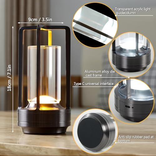 Small Table Lamp, Rechargeable Cordless Battery Operated LED Lamp, 3-Color Temperatures Dimmable Nightstand Lamp for Living Room, Bedroom, Outdoor Battery Powered Portable Touch Lamp (Grey) - Image 4