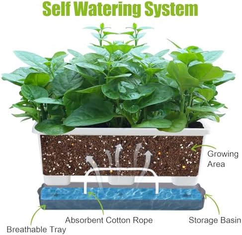 Oliz Window Box Planter 8 Pcs, 17 Inches Rectangle Flower Pots with Drainage Holes & Trays, Vegetable Planters for Windowsill Patio Garden Balcony Home Indoor Outdoor (White, 16 * 7 * 6 inch) - Image 2