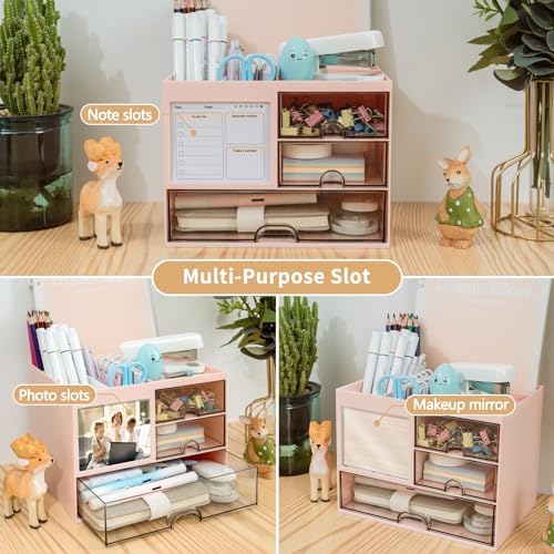 QIYVLOS Multi-Functional Desk Organizer with 3 Drawer and 8 Compartments, Pink - Image 4
