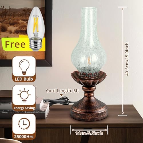 Vintage Table Lamp | Touch Control & 3-Way Dimmable Rustic Retro Farmhouse Bedside Lamp with Clear Glass Shade and LED Bulb for Bedroom, Living Room, Cabin, Office - Image 4