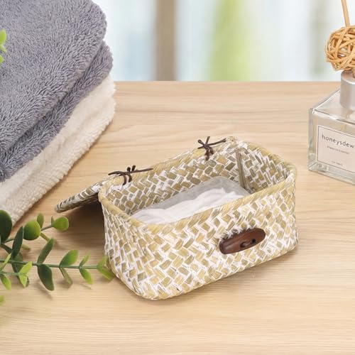 Hipiwe Wicker Shelf Basket Box with Lid Decorative Basket Handwoven Seagrass Storage Organizer Basket Decorative Basket, Whitewas 4.3" x 2.5" x 2.1" - Image 5