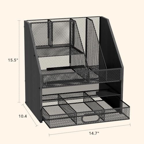 Homsorout Wooden Desk Organizer - Mesh File Organizer with Drawers and Pen Holder - 4-Tier Vertical Paper Letter Storage Tray, Desktop Organizers and Accessories for Home Office (Black - Image 4