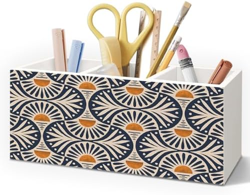 Vintage Boho Wooden Pen Pencil Holder for Desk Accessories, Boho Office Decor, Retro Abstract Sun Sunset Wood Makeup Brush Toothbrush Holder Organizer for Vanity Bathroom by Unknown