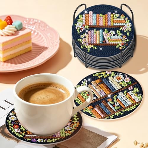 Diamond Art Coasters Kit for Adults, 8PCS Bookshelf Coasters with Holder - Image 6