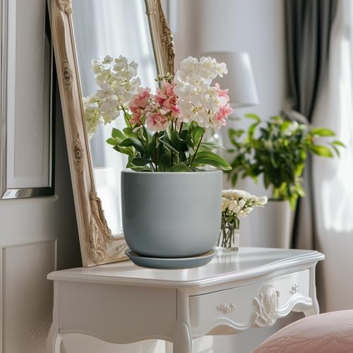 Ceramic Planter for Indoor Outdoor Plants - Cylinder Decorative 8 Inch Plant Pot with Drainage Hole and Saucer, Modern Home Decor, Gray - Image 5