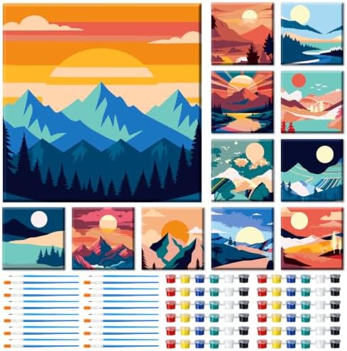 Yiyiring 12 Set Mini Mountain Paint by Numbers Kit for Adults Mini Canvas by Yiyiring