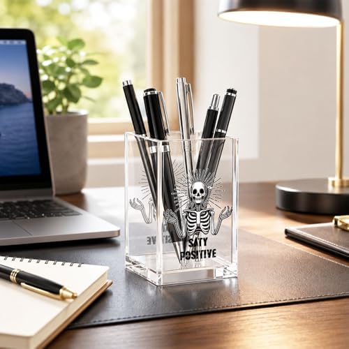 Skeleton Acrylic Pen Holder Cup, Stay Positive Funny Desk Decor, Goth Pencil Holder Organizer, Skull Office Accessories, Cute Coworker Gift for Women Men - Image 4