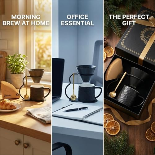 Pour Over Coffee Maker set,Ceramic Coffee Maker With V60 40 pcs Paper Filter，Metal Stand 9oz 270ml mug Pour Over Coffee Dripper Black - Image 5