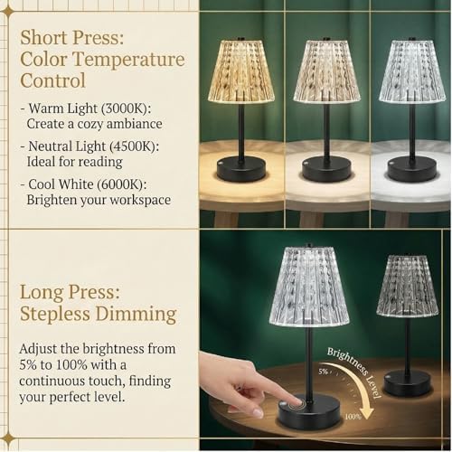 Black Cordless Lamps Rechargeable Set of 2,Small Battery Operated Table Lamp Wireless,Mini Table Lamp for Restaurant Dining Tabletop/Kitchen Counter Top/Bathroom Shower/Plugless Touch Lamp Decorative - Image 4