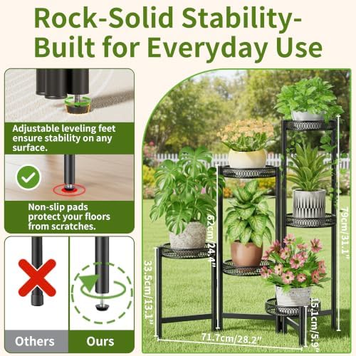 6 Tier Large Plant Stand Indoor with 7.9-Inch Wide Drainage Tray, Tiered Corner Metal Outdoor Flower Display Holder Shelf, Folding Tall Rack for House Patio Porch Balcony Graden - BlackFlower - Image 3