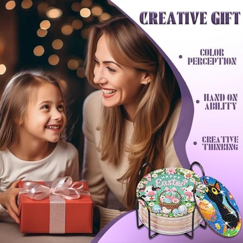 NEGEKFKX 8 Pcs Easter Diamond Art Painting Coasters Kits,Christianity Coaster with Holder for Adults, Non-Slip DIY Dot Paint Craft Kits,5D Full Drill DIY Diamond Dot Gem Art Kit Home Decor Arts Craft - Image 5