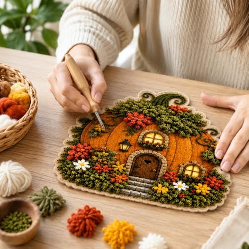 WANZZXCSL Whimsical Village 3D Fabric Poke Art Kit, Floral Cottage, Creative Craft Set, Flowers Activity Fall Gift Home Decor Craft for Adult Beginner Handmade Hobby Gift，Moon Moth - Image 4
