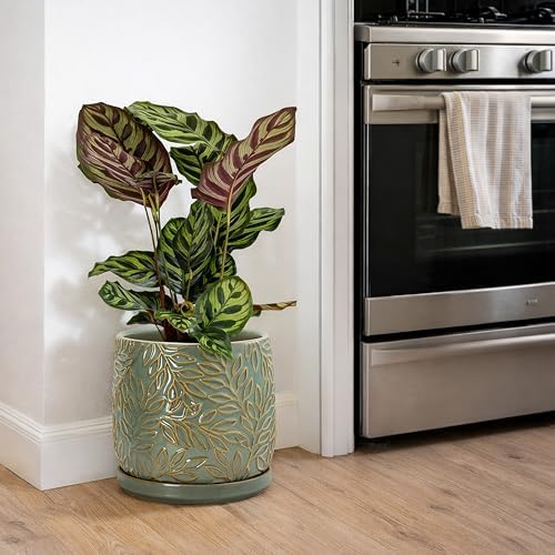 D'vine Dev Embossed Leaves Ceramic Planter, 8 in, Olive, 27-A-Q-0 - Image 2