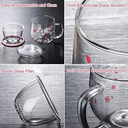Cherry Blossom Glass Cup and Coaster, Glass Teacup with Infuser and Lid, 300ml Clear Pink Flower Tea Infuser Mug Heat Resistance Borosilicate Glass Drinking Cup, Ideal for Tea Lovers - Image 4