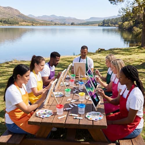 Cholemy 8 Set Paint and Sip Kit for Adults 8'' x 10'' Pre Drawn Canvas with Wooden Easels Acrylic Paint Brushes Wash Cup Palette Apron for Painting DIY Date Night Party Supplies (Moonlit Night) - Image 6