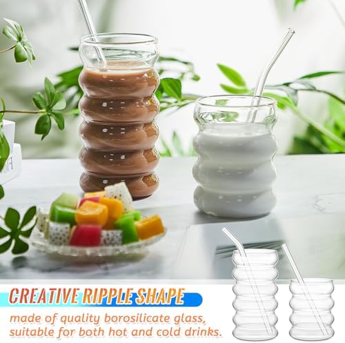 Tessco for you 4 Pcs Creative Glass Cups Vintage Drinking Glasses Ribbed Glassware Aesthetic Cup Entertainment Dinnerware Glassware with Straws Set for Kitchen Coffee Beverage(13.5 Oz, 16 oz,Clear) - Image 4