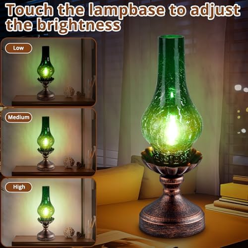 Vintage Table Lamp with Green Crackle Glass Shade,Touch Control & 3-Way Dimmable Rustic Retro Farmhouse Bedside Lamp for Bedroom, Living Room, Cabin, Office (2700K LED Candle Bulb Included) - Image 2