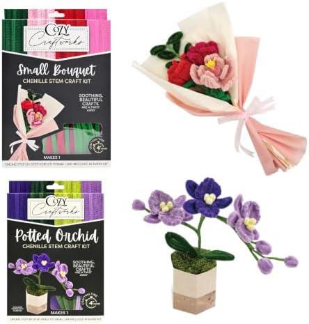 WeVeel Cozy Craftworks Potted Orchid and Small Bouquet Chenille Stem Craft Kit Bundle for Teens & Adults – Mindful DIY Plant Craft, Tactile Pipe Cleaner Art Kit with QR Video Tutorials by WeVeel