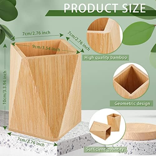 Henoyso 2 Pcs Bamboo Wood Pen Pencil Holder Geometric Pencil Cup Stand Makeup Organizer for Pen Holder Desk Home Office Adults(Bamboo) - Image 2