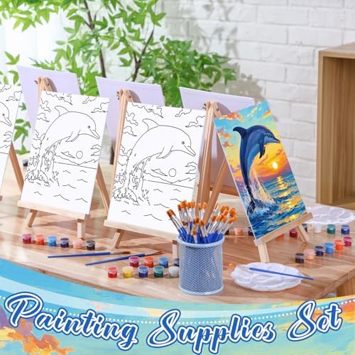 Motipuns 6 Set Pre Drawn Canvas for Painting for Adults Sip and Paint Kit with Easels 8 x 10 Inches Paint Party Kit with Printed Canvas Paints Brushes Palette Apron(Sunset Dolphin) - Image 2