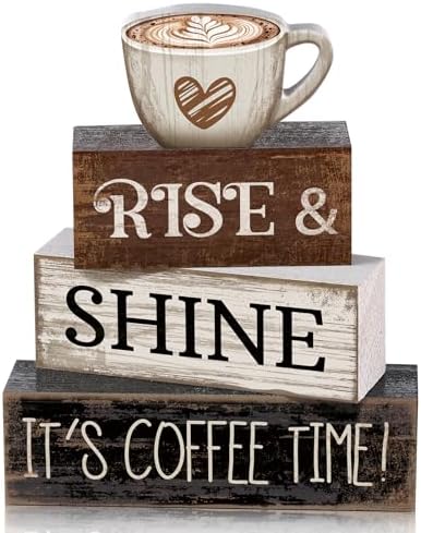 Moucuny 4 Pcs Farmhouse Coffee Bar Sign Decor Wooden It's Coffee Time Sign by Moucuny
