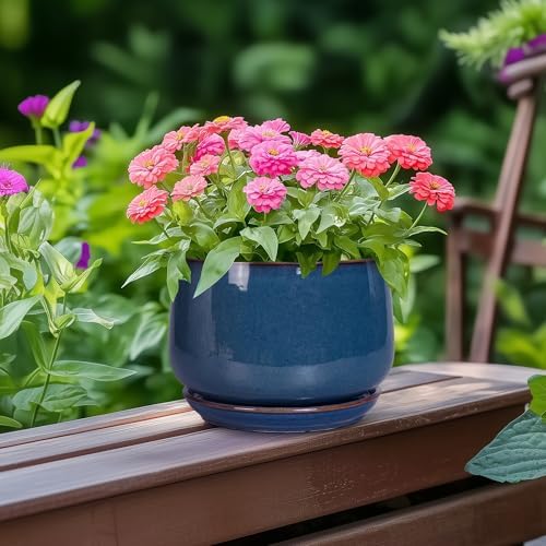 G EPGardening Ceramic Planter 6 Inch - Round Modern Ceramic Pot for Plants with Drainage and Plant Tray Indoor for Flower, Apartment Decor, Housewarming Gifts New Home, Retro Blue - Image 4