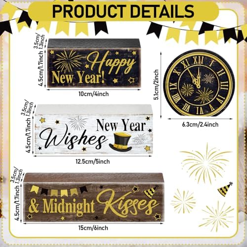 Moucuny 4 Pcs New Year Table Decorations, Happy New Year Wood Block Sign - Image 2