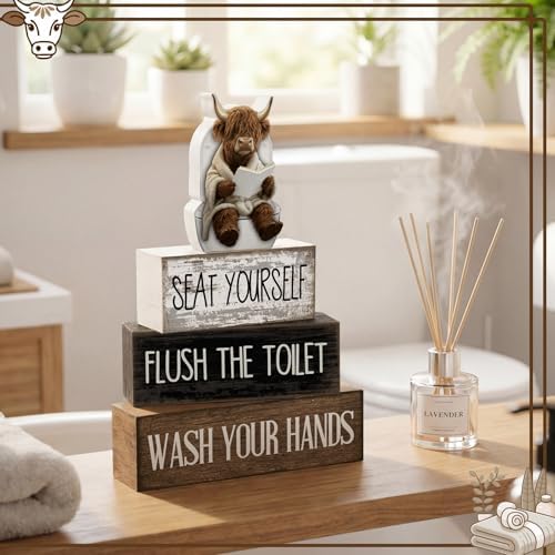 Moucuny 4 Pcs Highland Cow Bathroom Decor Funny Wooden Signs Farmhouse - Image 4