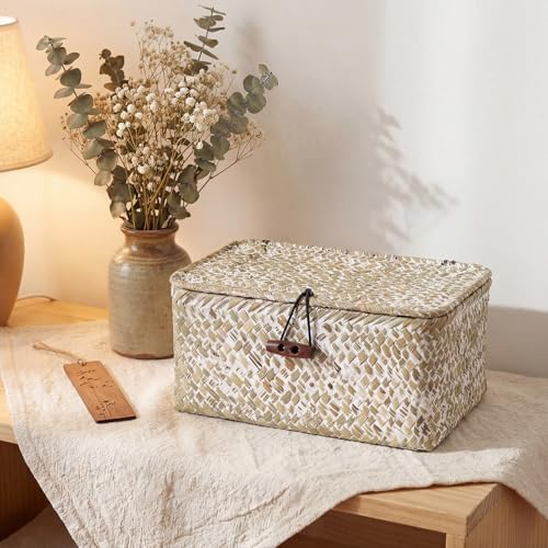 Hipiwe Mini Seagrass Shelf Basket with Lid Decorative Woven Box, 7x4.3x3.3" - Image 4