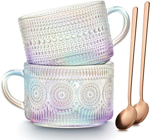 MFACOY Vintage Coffee Mugs Set of 2, 14 oz Iridescent Embossed Glass Tea Cups with Handle for Cappuccino, Latte, Hot or Cold Beverages by Mfacoyisalifestylebrand