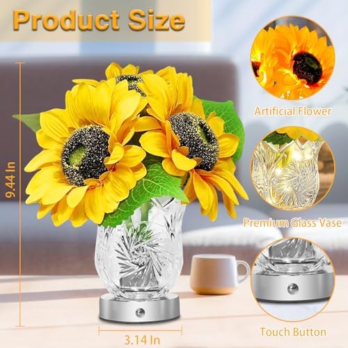 Flower Desk Lamp, Sunflower USB Rechargeable Touch Stepless Dimming Table Lamp, LED Artificial Plants Flower with Vase Night Light, Glass Vase Lamp for Room Home Festival Decor (Sunflower - 3 Head) - Image 5