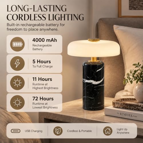 Cordless Marble Table Lamp with Glass Shade,Touch Dimmable Stone Lamp - Image 4